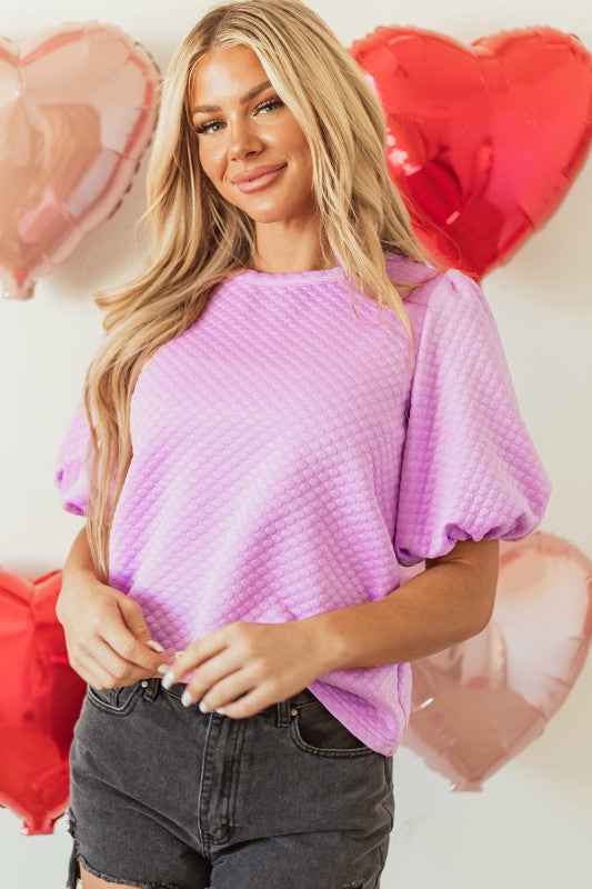 Solid Textured Round Neck Puff Sleeve Blouse 7cc0f19d-1016-4113-9aec-d0ac02f31dc3