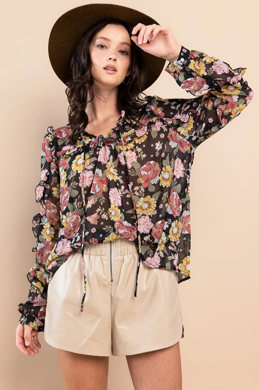 Ces Femme Ruffle Trim Long Sleeve Floral Blouse 7cd2a83e-54ff-40ea-88d3-164f30430b74-Max