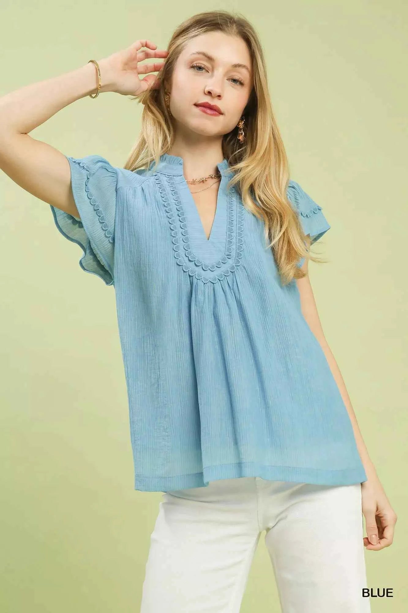 Scalloped Trim Flutter Sleeve Top BLUE 7cdfe535-ef61-4c22-9085-25ccd00948a0-Max-Origin