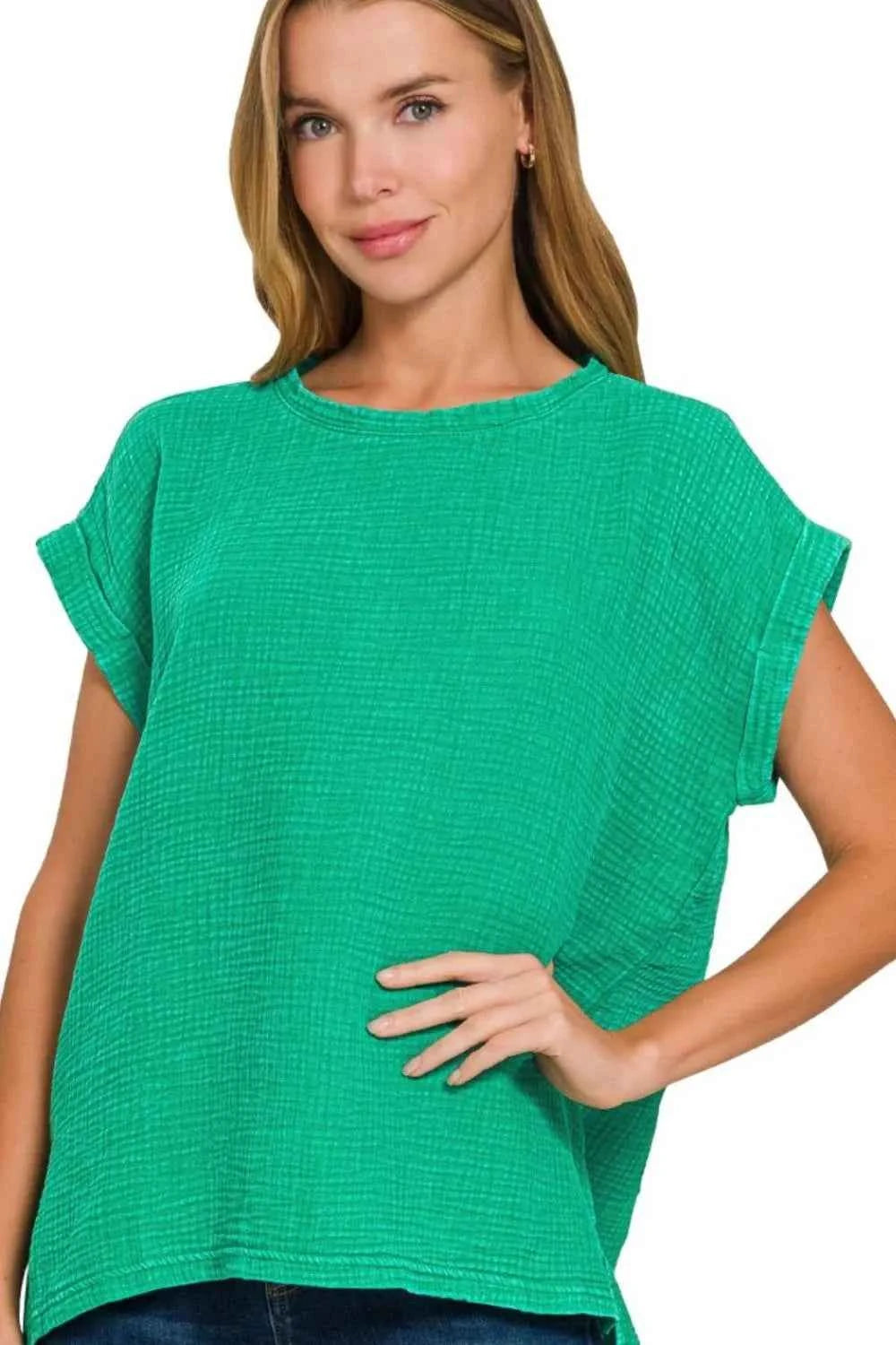Zenana Woven Double Gauze Acid Washed Short Sleeve Top K GREEN 7ce83e7e-d181-40ea-9032-e99dda4f0ce4-Max-Origin