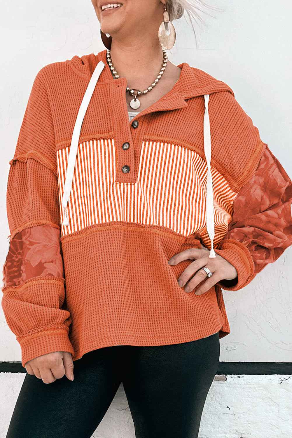 White Waffle Printed Patchwork Drawstring Hooded Long Sleeve Top Cinnamon 75%Polyester+25%Cotton 7ce8c32a9c96f12c