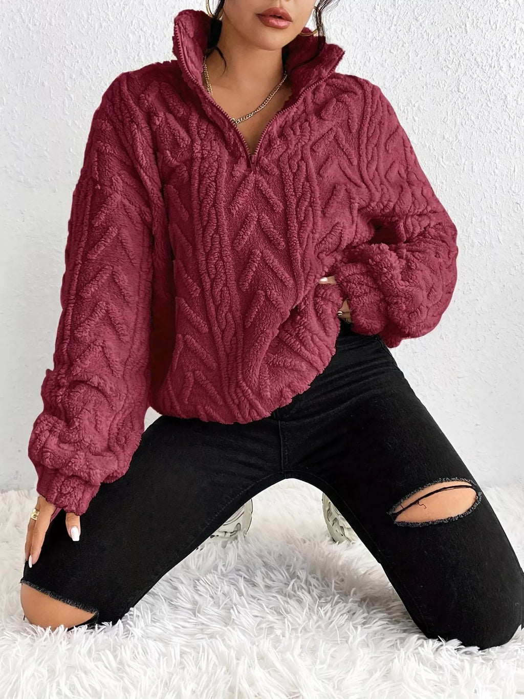 Quarter Zip Dropped Shoulder Sherpa Sweatshirt 7cea25c212374953bdc883e34a0a4115-Max-Origin