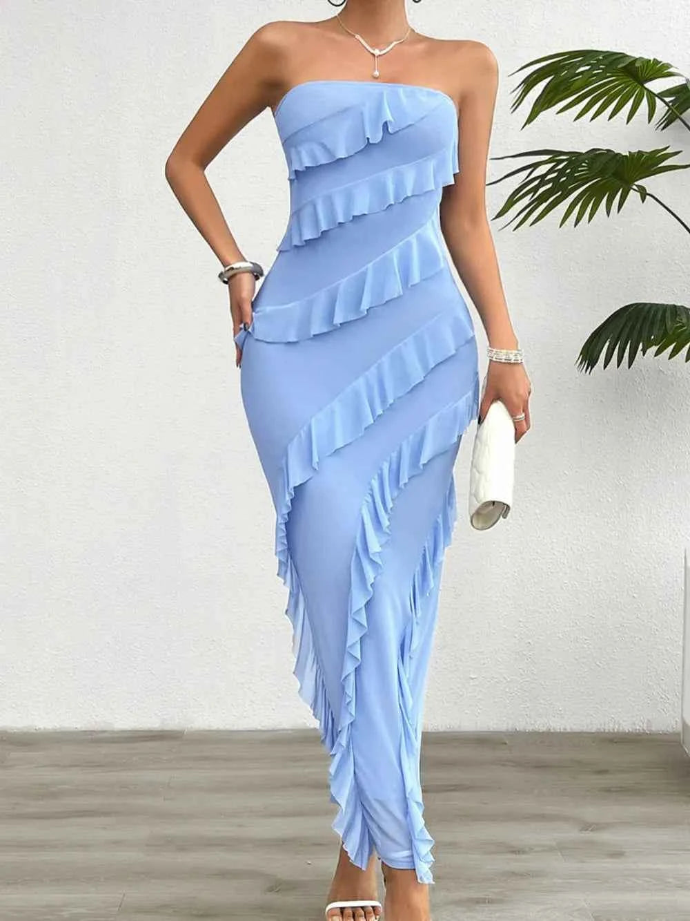 Ruffled Slit Back Tube Maxi Dress 7cf04702-c2cc-4e42-ad64-3b74f75f8aae-Max