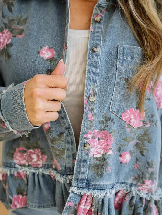 New Women's Retro Washed Floral Print Denim Jacket, Long-Sleeved, Collared, Ruffled Hem, Short Jacket, Summer Outfits For Womener. 7cf0fc36-21cd-4d3e-b3f6-7eb511068594