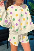 Multicolour Polka Dot Print Drop Shoulder Pullover Drawstring Shorts Set 7cf149cd19426dcb
