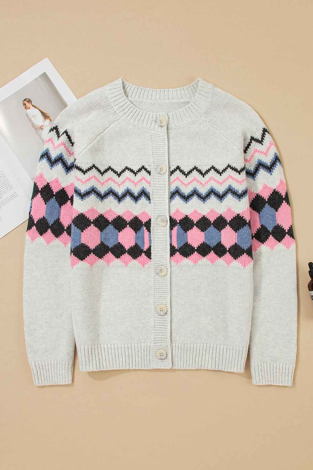 Pink Stripe Geometric Button Up Sweater Cardigan 7cf150b59f7818cb