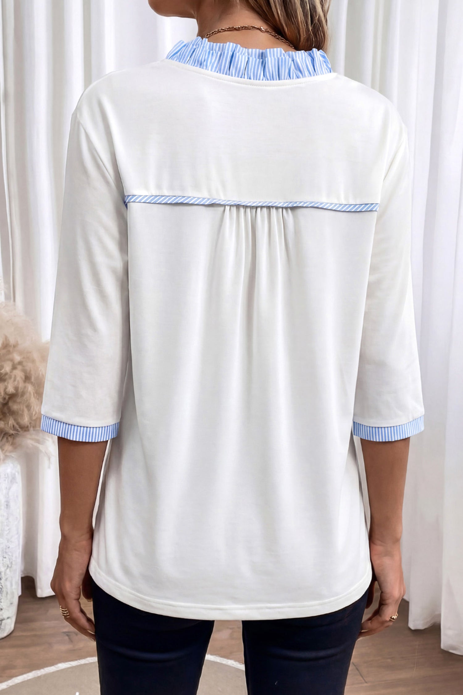 White Striped Patchwork V Neck 3/4 Sleeve Blouse 7cf2cb0d3ea367e0