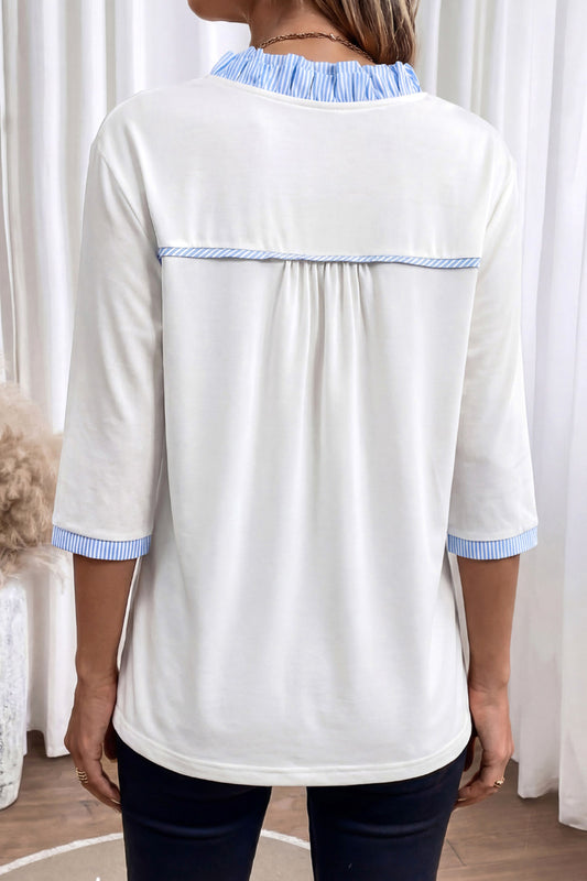 White Striped Patchwork V Neck 3/4 Sleeve Blouse 7cf2cb0d3ea367e0