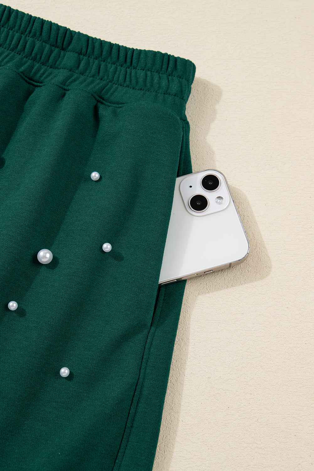 Dark Green Pearl Embellished Drop Shoulder Pullover Elastic Waist Mini Skirt Set 7cff7ece04b6dce3