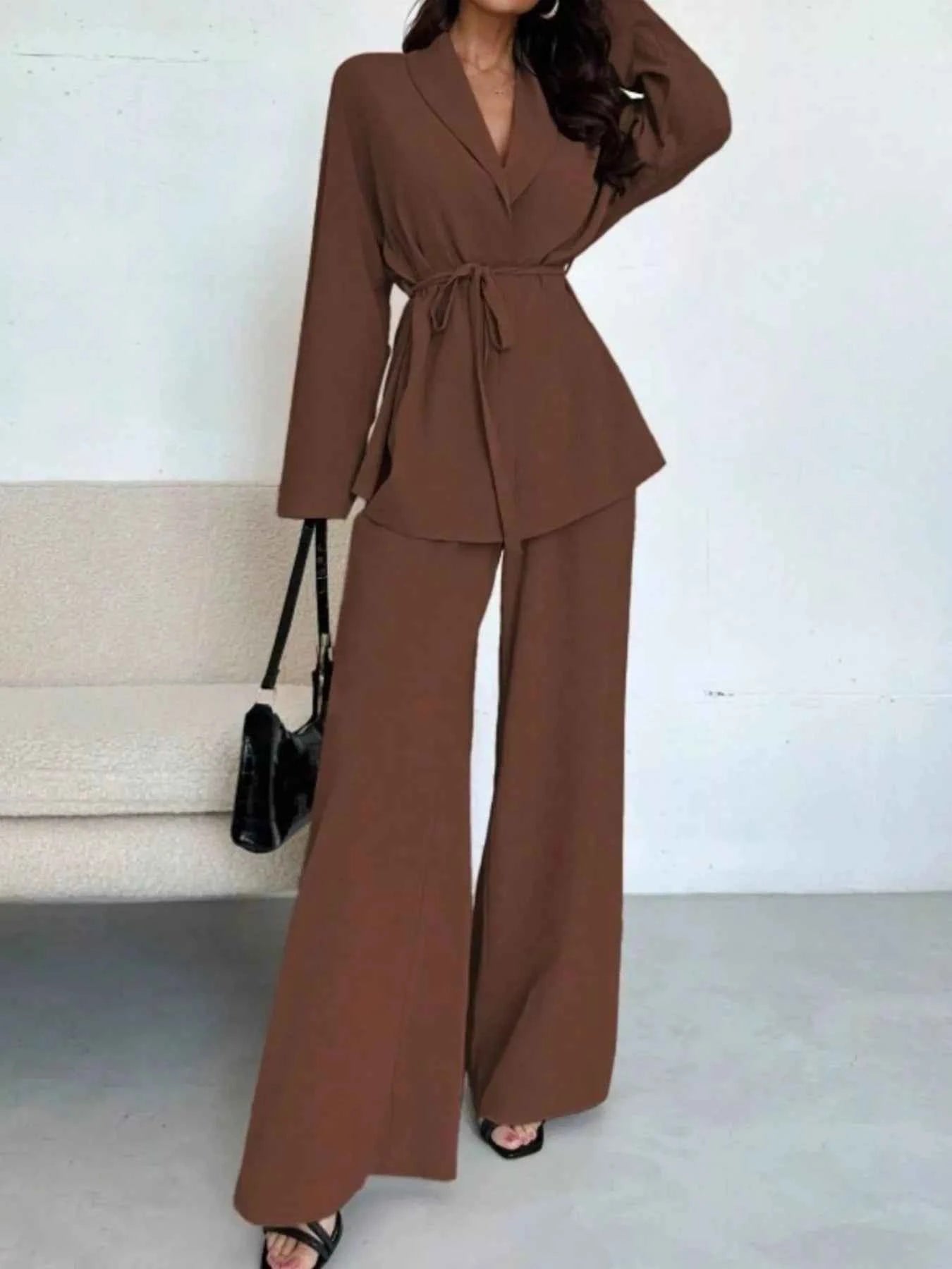 Front Tied Shirt and Wide-Leg Pants Set Dark Brown 7d076396-0f6c-4716-8ad4-e9c153efbf90-Max-Origin