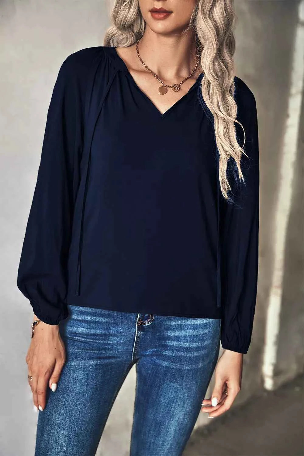 Tie Neck Long Sleeve Blouse Navy 7d14ef2e-8e7d-4774-aae0-1f6600baadd0-Max-Origin