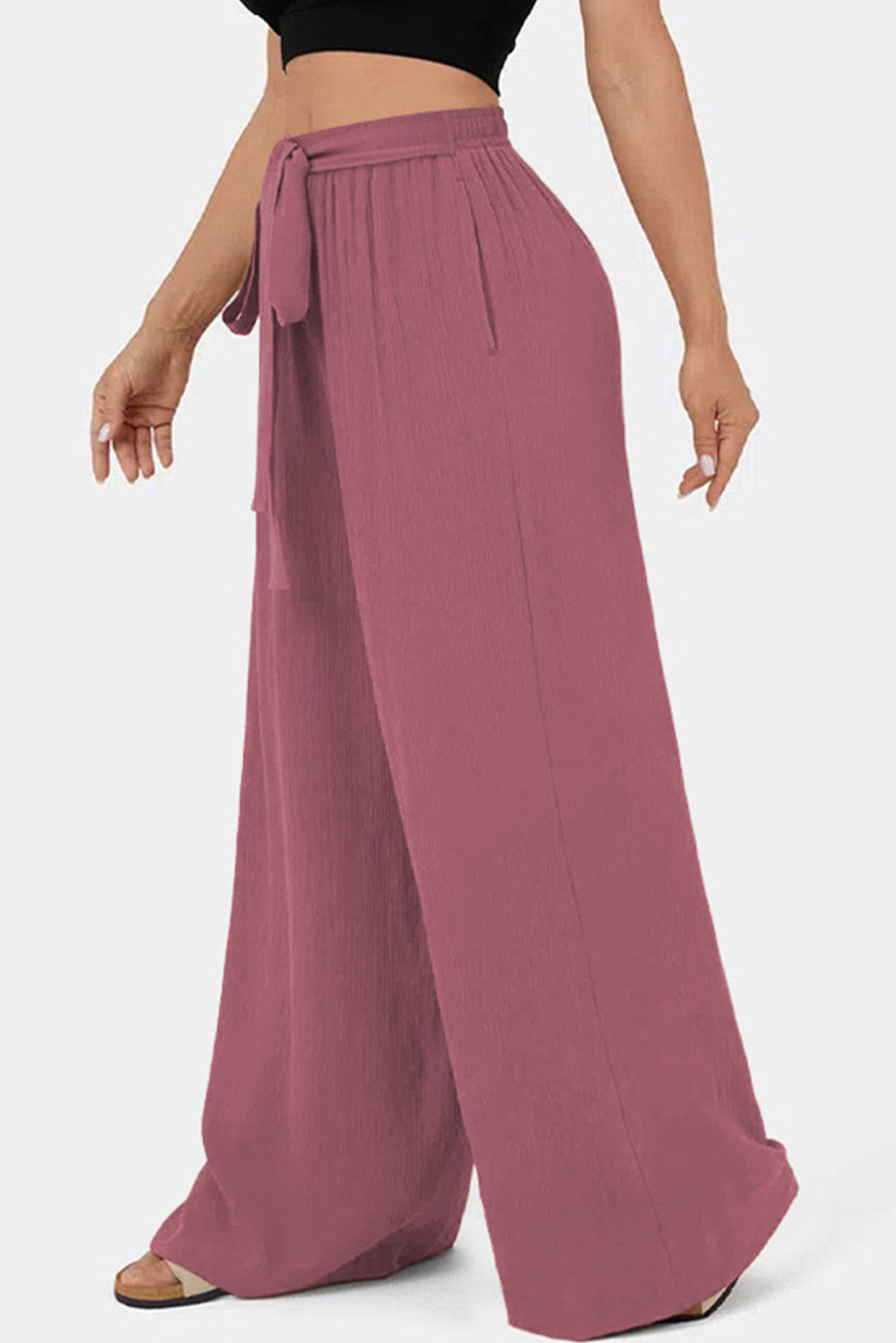 Rose Tan High Waisted Tie Front Side Pocket Wide Leg Flowy Casual Pants 7d156f1dbd1f2b26