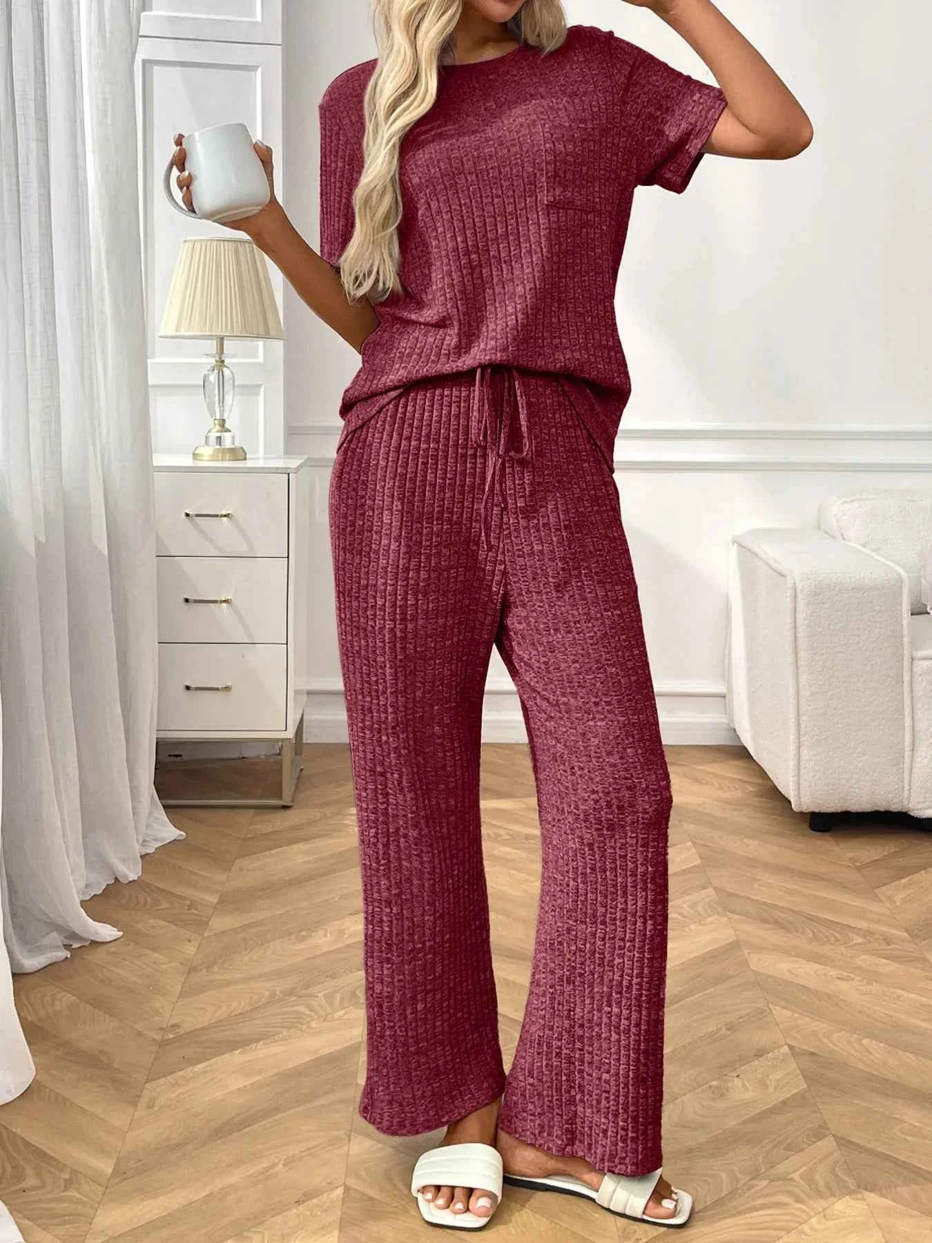 Ribbed Knit Short Sleeve Top and Pants Lounge Set 7d1b45155fa74426afe7146496130cce-Max-Origin