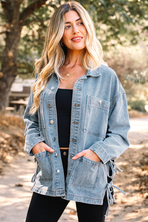 Beau Blue Multi Patched Pockets Side Tie up Boyfriend Style Denim Jacket Beau Blue 75%Cotton+25%Polyester 7d1c82abc9f1f0ac