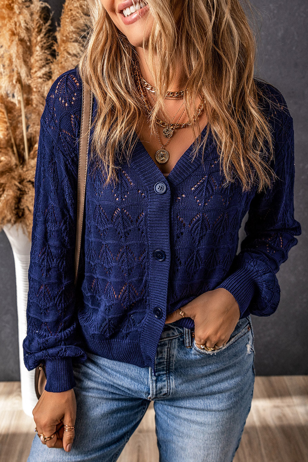 Black Lightweight Buttoned Front Crochet Cardigan 7d3029c220336581