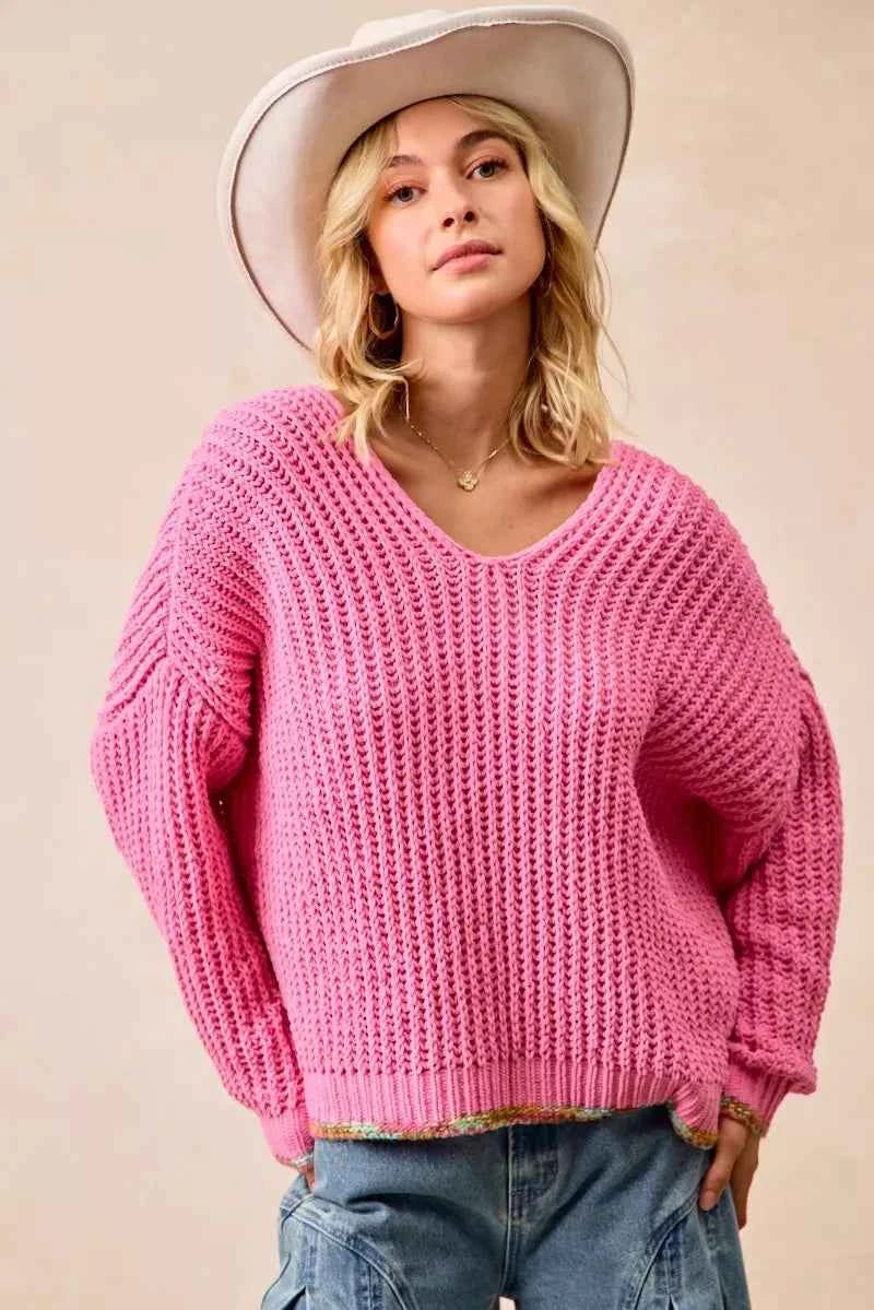 BiBi V-Neck Sweater with Colorful Trim 7d30bbde898d47f19983eb9d553aabab-Max-Origin
