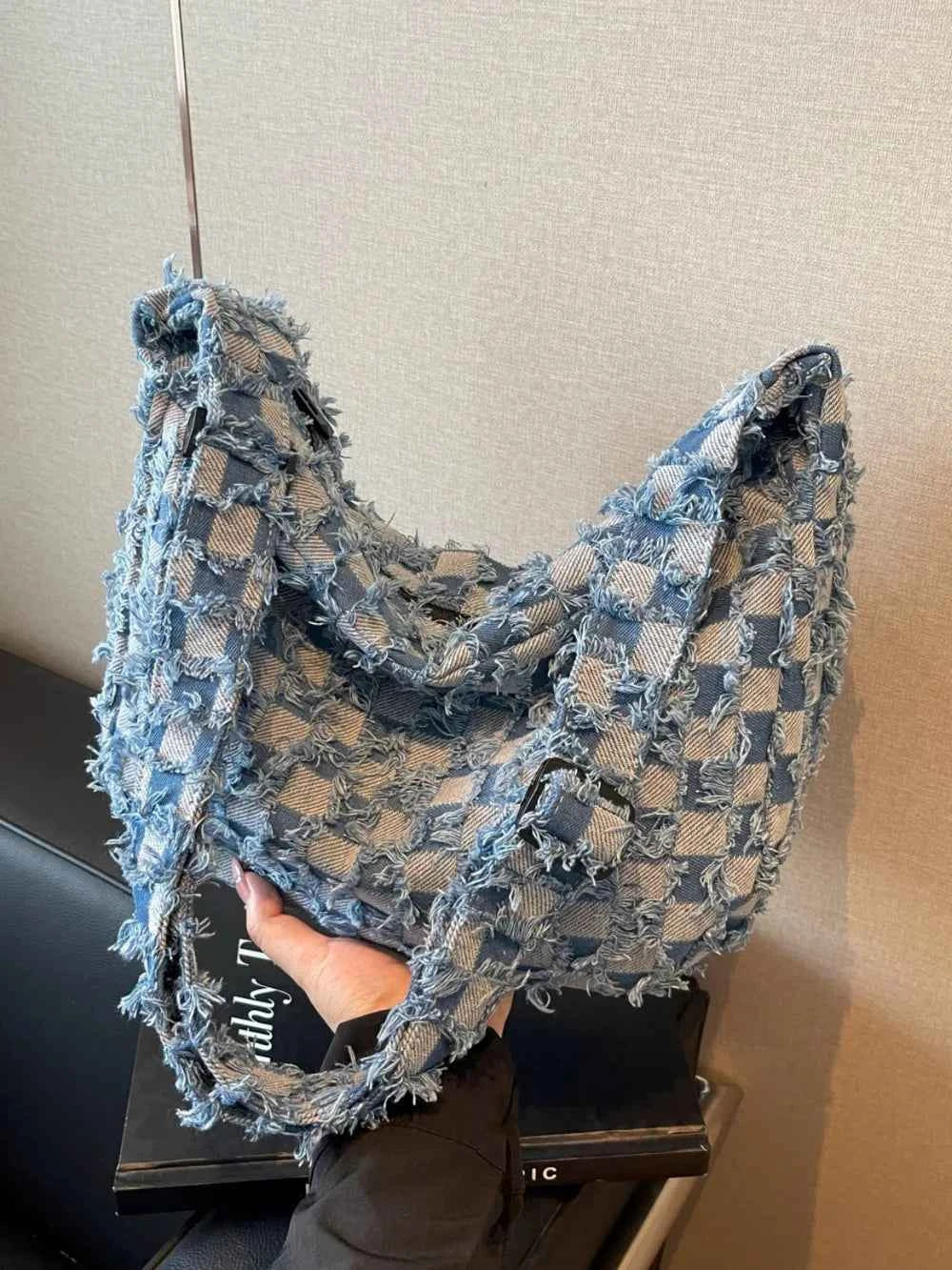 Checkered Raw Edge Denim Shoulder Bag 7d3219e3-0567-4775-9070-8f4bd6ff9bad-Max