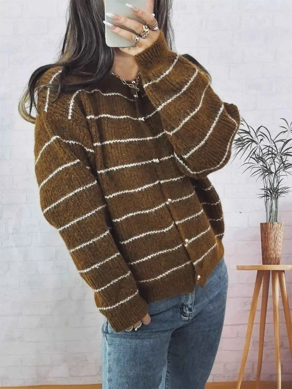 Striped Button Up Long Sleeve Cardigan 7d34745fe19342c3bcdc7225b399f325-Max-Origin