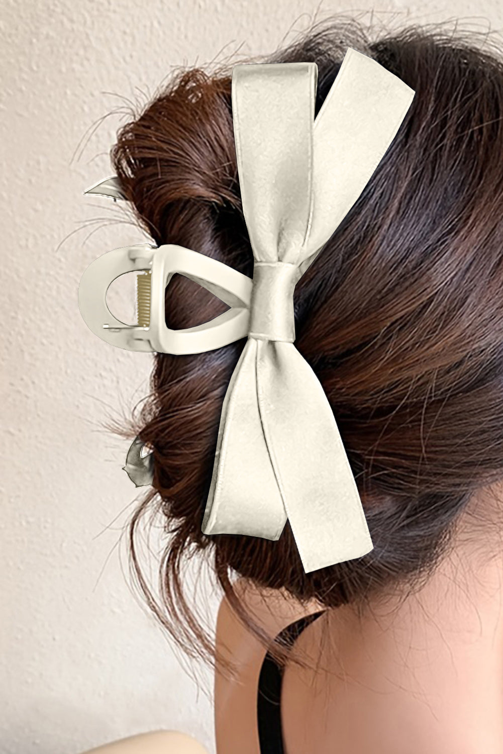 Light French Beige Solid Color Ribbon Bow Decor Hair Clip White ONE SIZE plastic 7d35f2dc666789a5