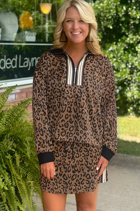 Khaki Leopard Print Quarter Zip Long Sleeve Top Mini Skirt Set 7d374889e5db138d