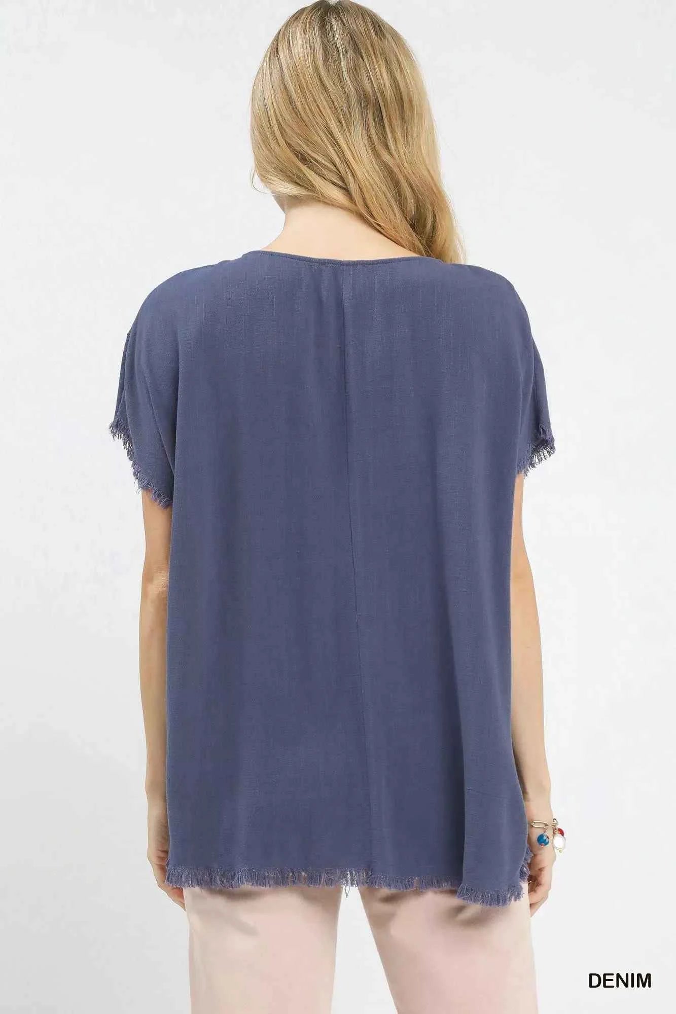 Linen Blend Embroidered Frayed Hem Top 7d378504-53bd-4312-b8ba-2e02717e32da-Max-Origin