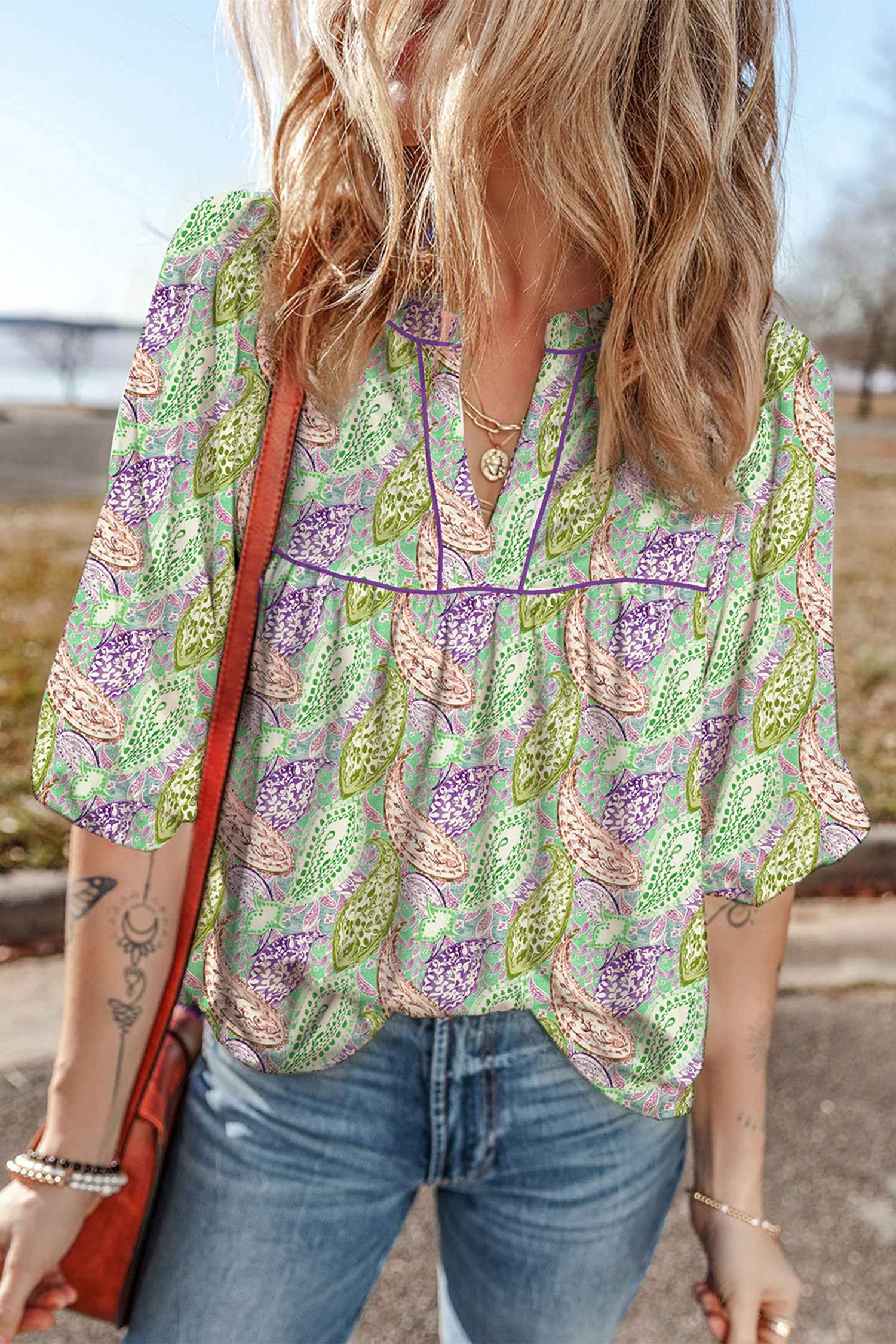 Green Boho Paisley Print Half Puff Sleeve Blouse Green 100%Viscose 7d3866b7a9e27c77