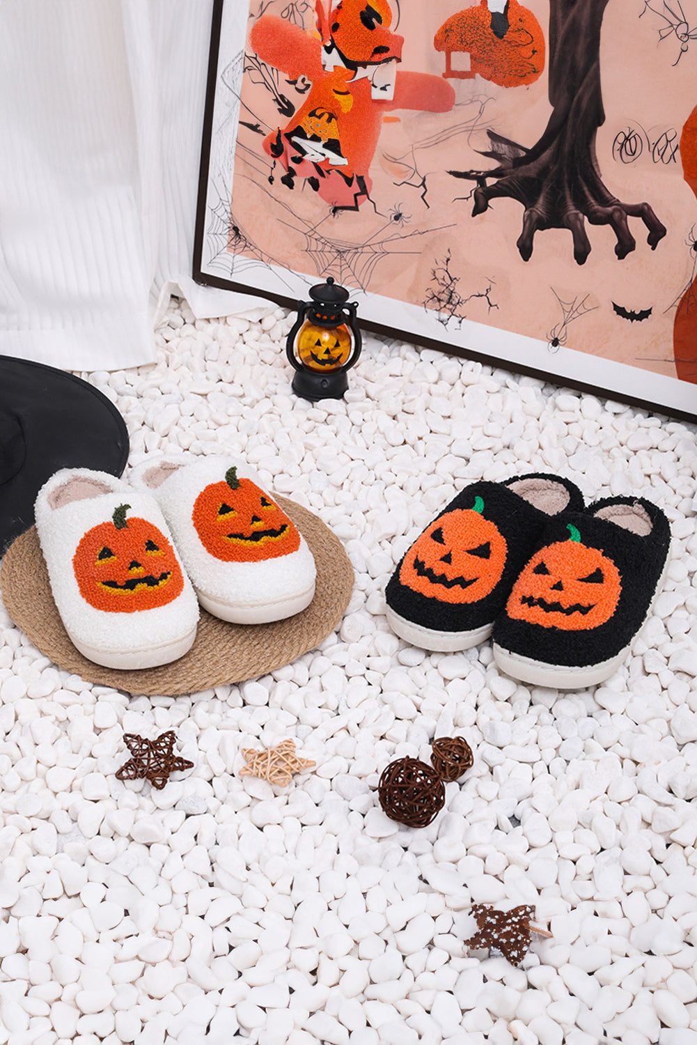 White Halloween Pumpkin Print Plush Slippers 7d43fdea76aed72c