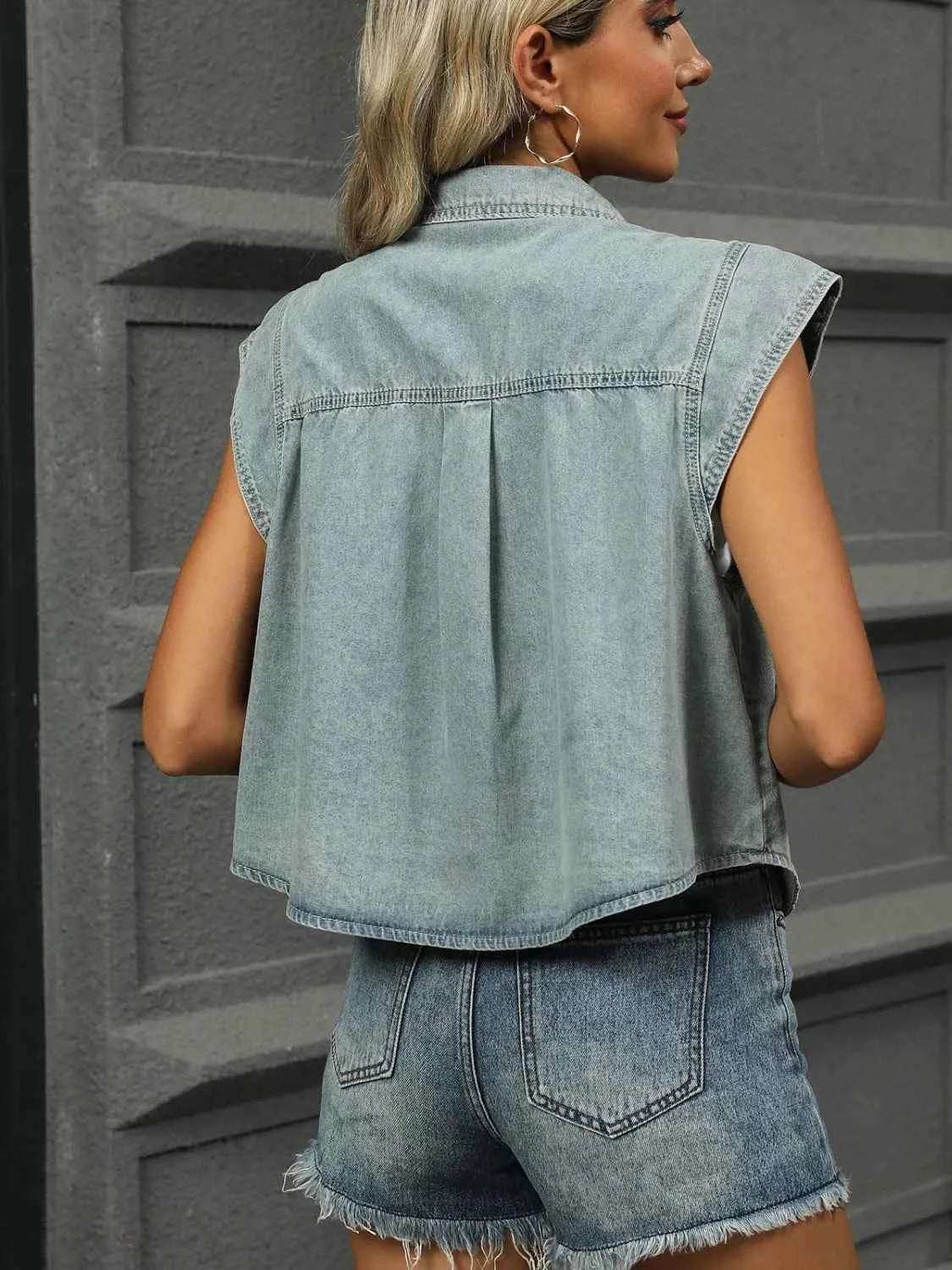 Button Up Cap Sleeve Denim Jacket 7d455173-c3f3-4a65-941a-5e1c5ea49ba8-Max-Origin