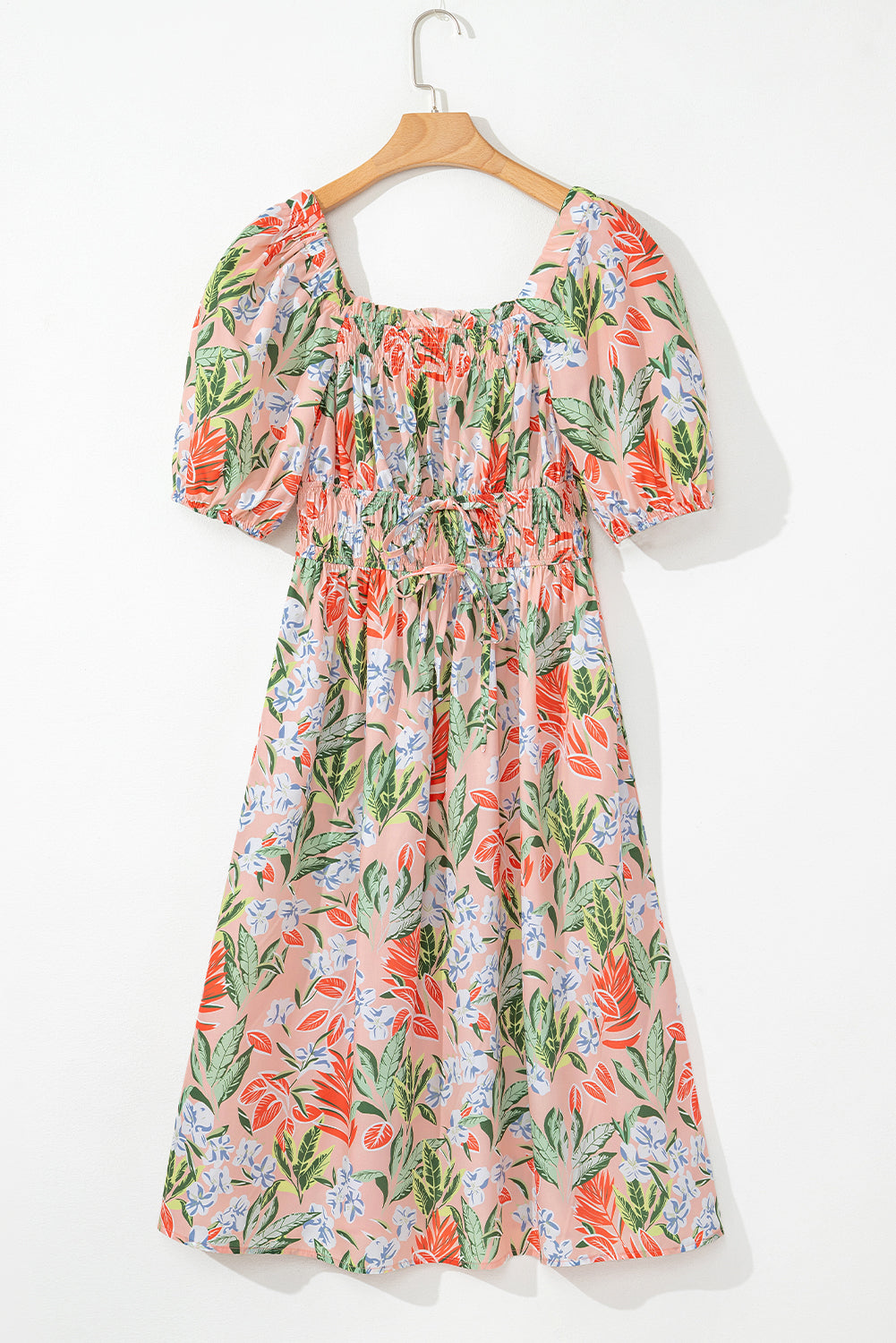 Apricot Pink Floral Knot Front Smocked Bubble Sleeve Dress 7d458603b1c71855