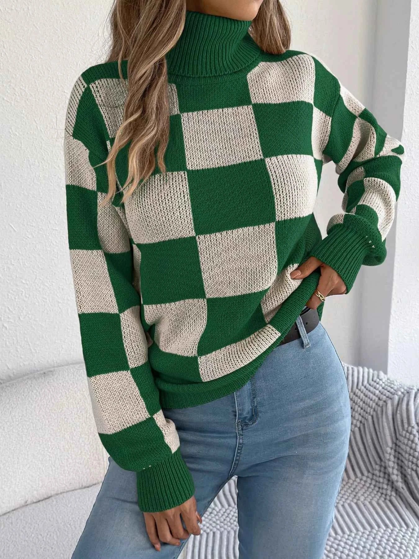 Checkered Turtleneck Long Sleeve Sweater Green 7d462452-fe11-4d77-bb90-84a6686f6919-Max-Origin
