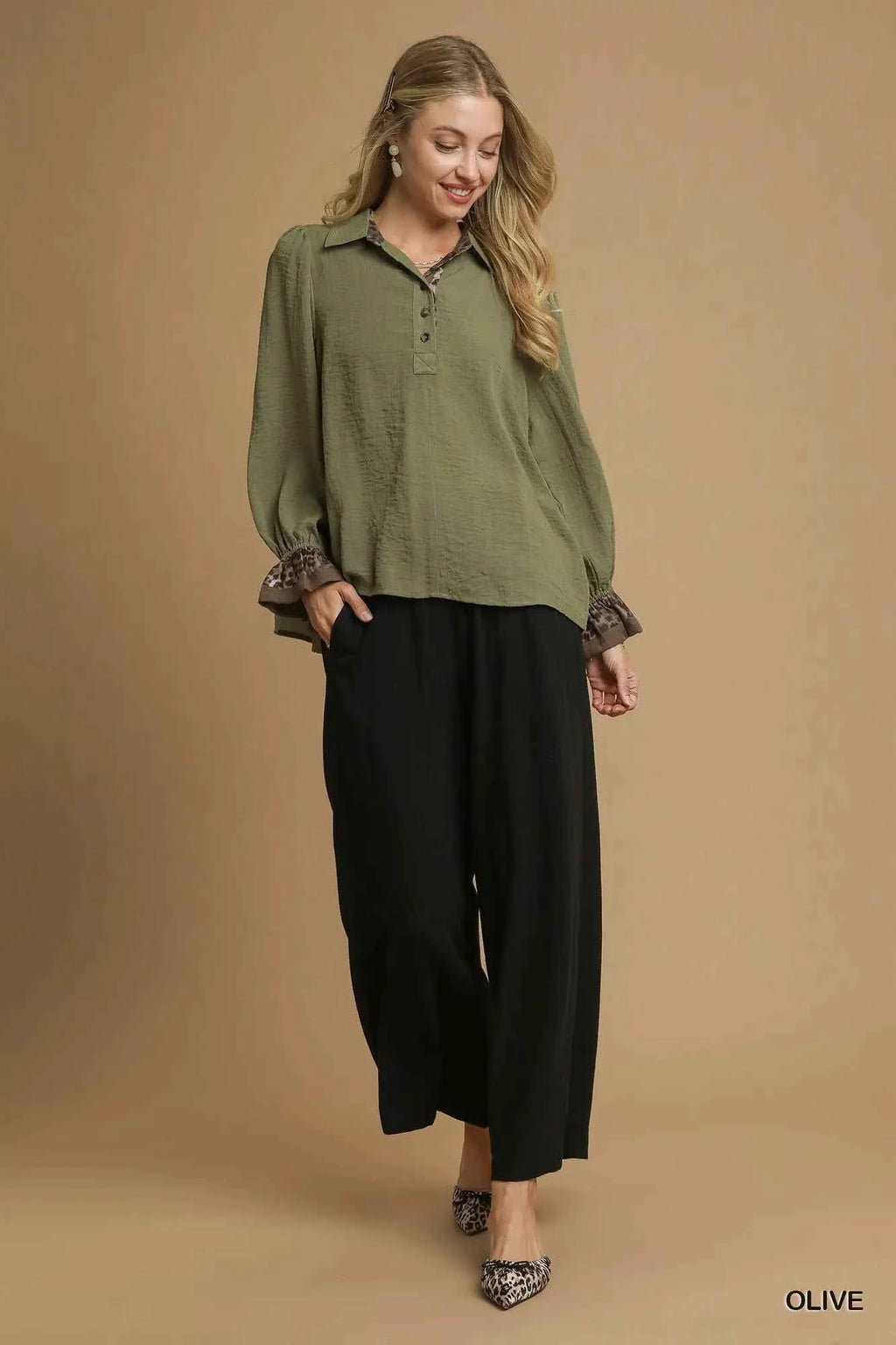 Umgee Half Button Blouse with Leopard Print Trim 7d4a3750-f04b-4e12-a1f4-31c90d05c0ad-Max-Origin