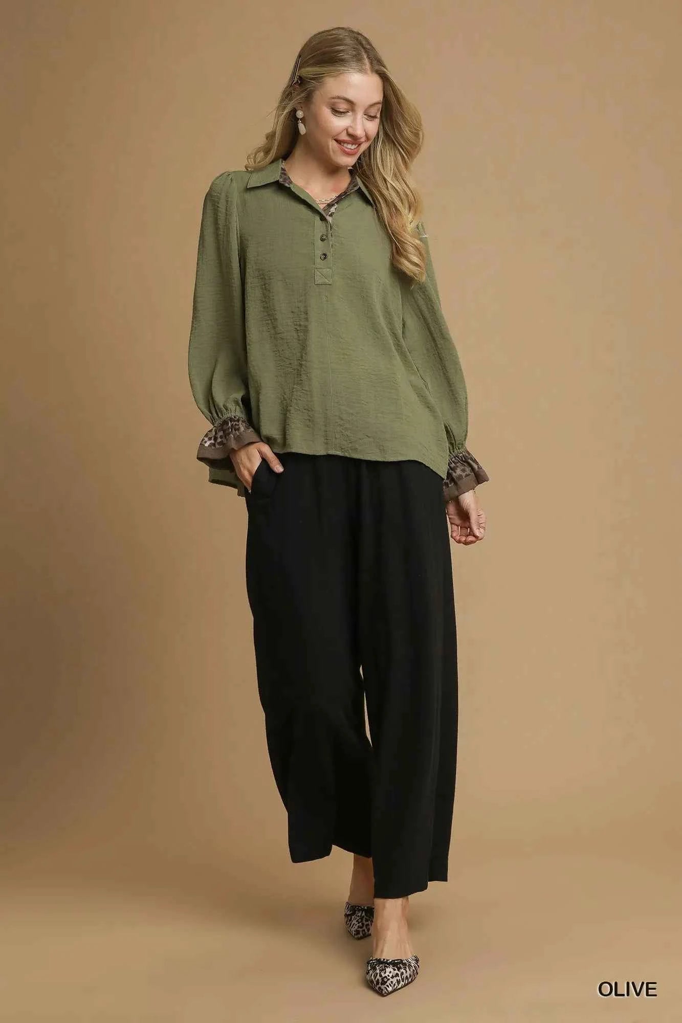 Umgee Half Button Blouse with Leopard Print Trim 7d4a3750-f04b-4e12-a1f4-31c90d05c0ad-Max-Origin