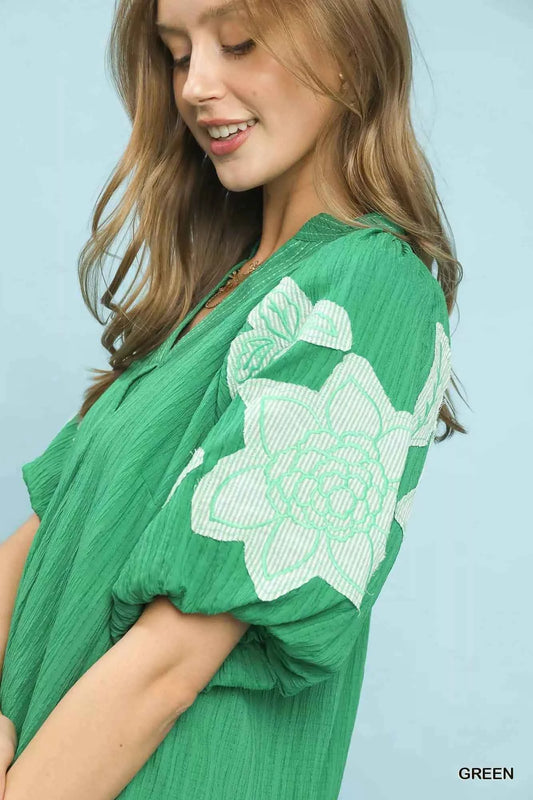 Embroidered Balloon Sleeve Notch Neck Blouse 7d5104ff-0570-49ef-b55c-3e5a5c4d8edb-Max-Origin
