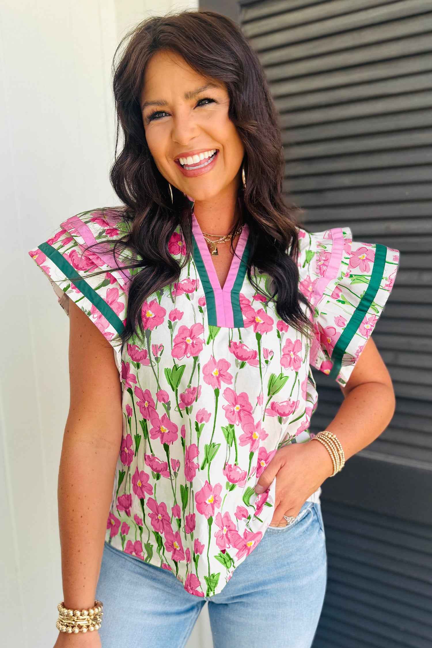Pink Floral Print Contrast Trim V Neck Double Ruffled Short Sleeve Blouse 7d5864895611d4f4