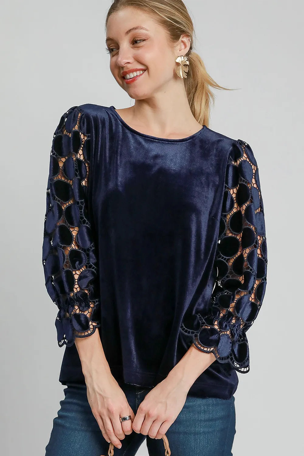 Umgee Polka Dot Lace Long Sleeve Round Neck Blouse Navy 7d5b423f-f254-4669-a14d-ab299c4b2b6e-Max