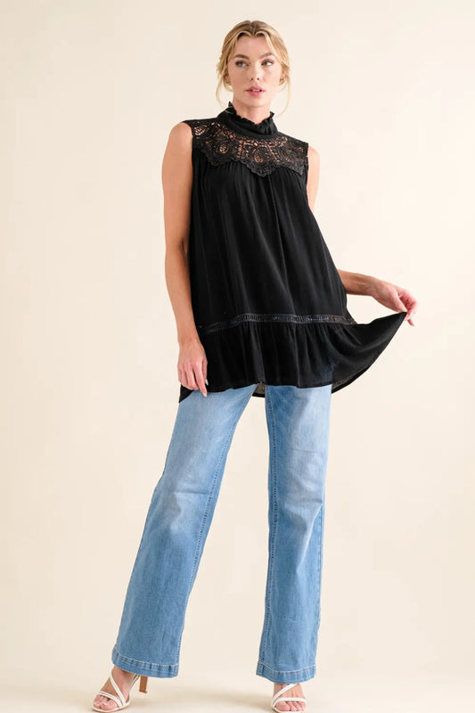 Lace Detail Sleeveless Ruffled Top - 100% Rayon Opaque 7d5d1398-5229-4311-bdca-77845aee7507-Max