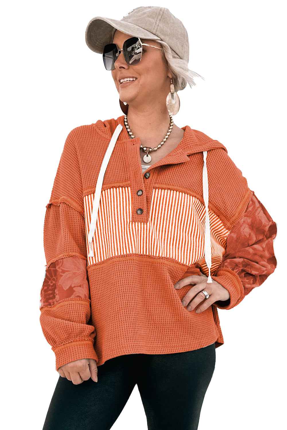 White Waffle Printed Patchwork Drawstring Hooded Long Sleeve Top 7d65fb1844138bc2
