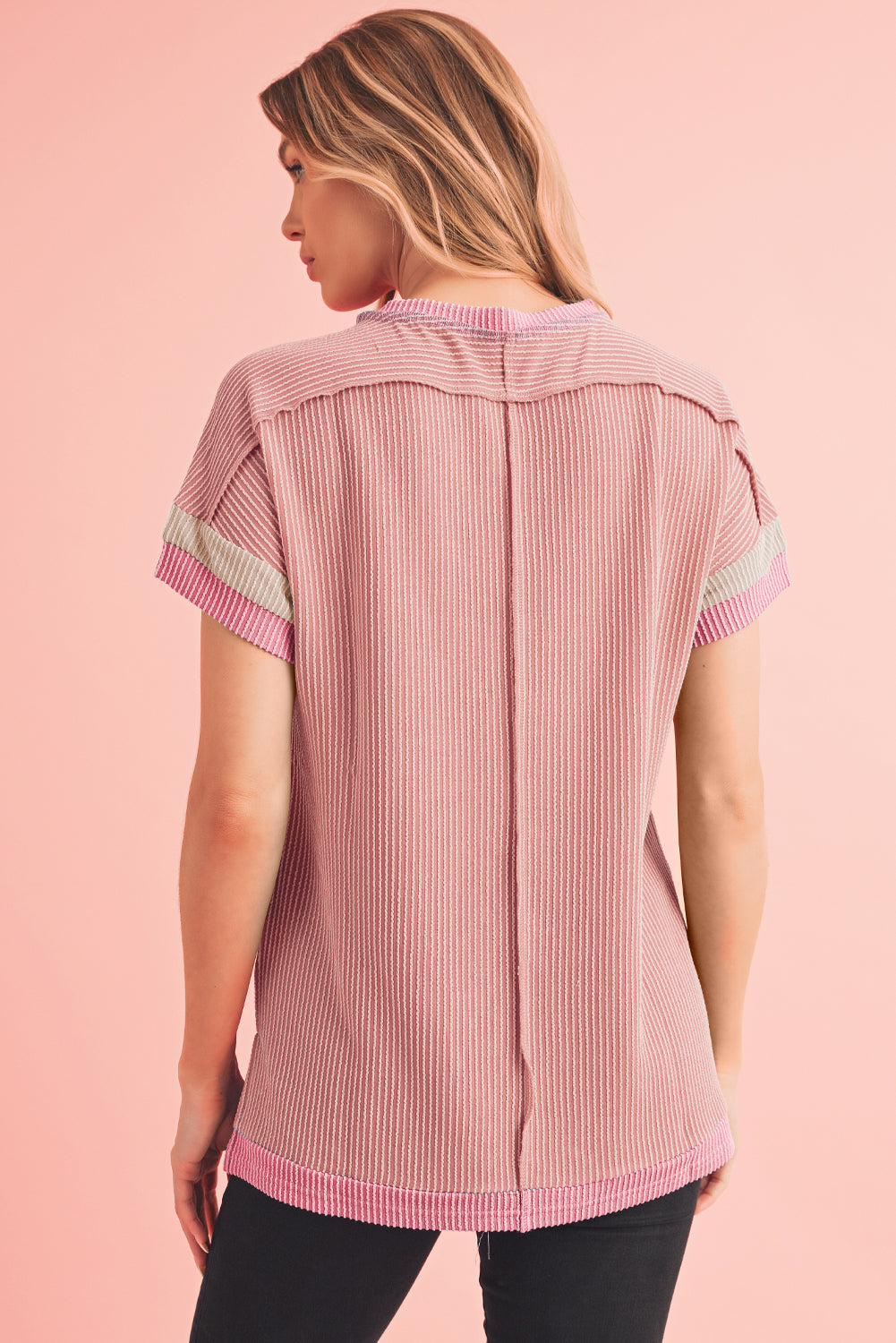 Rose Red Textured Colorblock Round Neck T Shirt 7d663c88aa98c55a