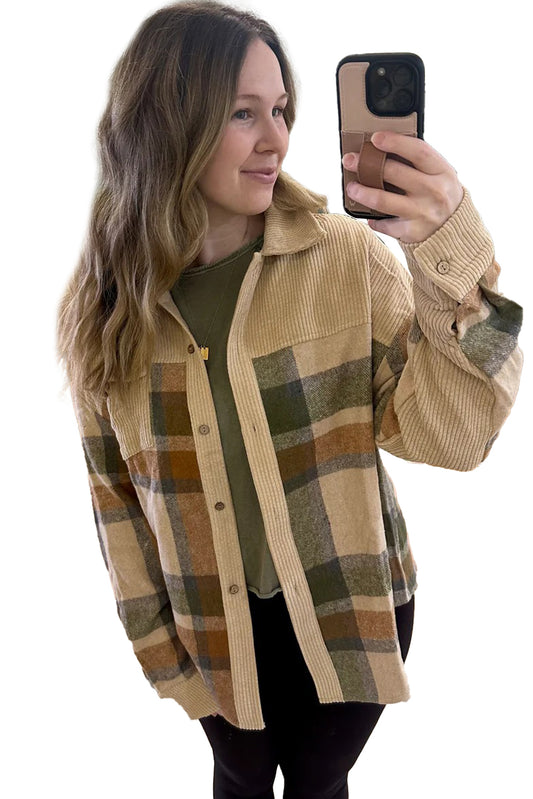 Parchment Plaid Patchwork Long Sleeve Shacket Parchment 7d696da4ba7640e1