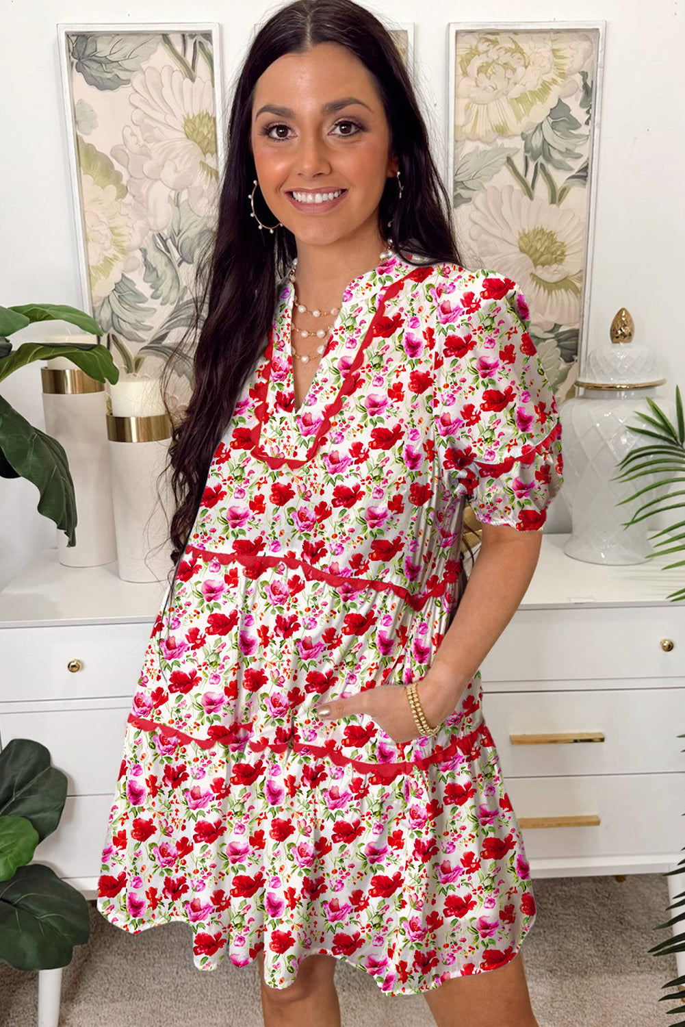 Red Floral Puff Sleeve Tiered Ric Rac Pocketed Mini Dress 7d6f66f6cdaa4fb0