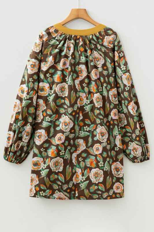 Floral Contrast V-Neck Long Sleeve Pocketed Dress 7d80b30f-3dd9-4064-8f9d-80dde49b2de9