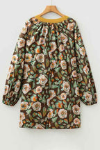 Floral Contrast V-Neck Long Sleeve Pocketed Dress 7d80b30f-3dd9-4064-8f9d-80dde49b2de9