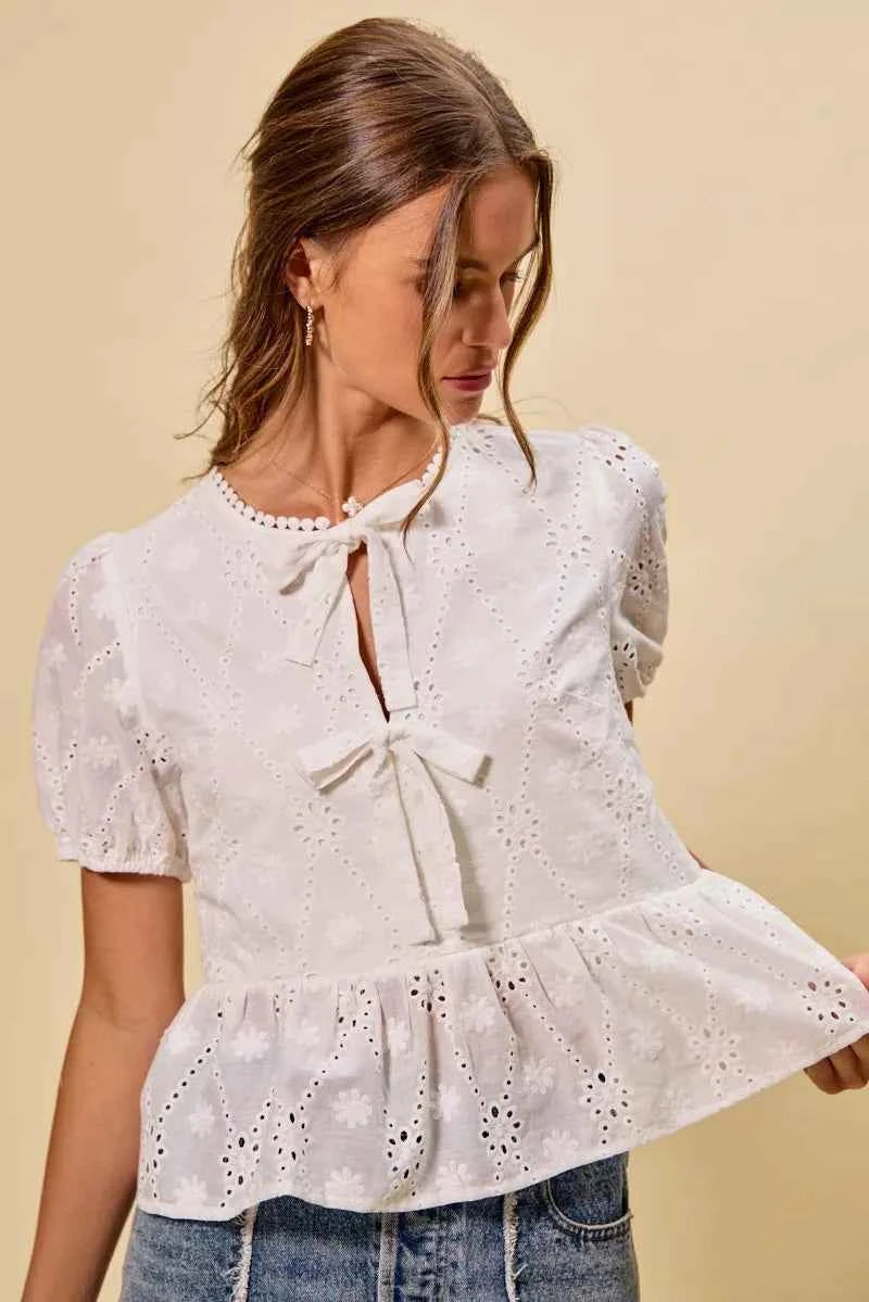 SO ME Cotton Eyelet Front Tie Short Sleeves Blouse 7d85786918e5462ea96d4412cbf39c59-Max-Origin