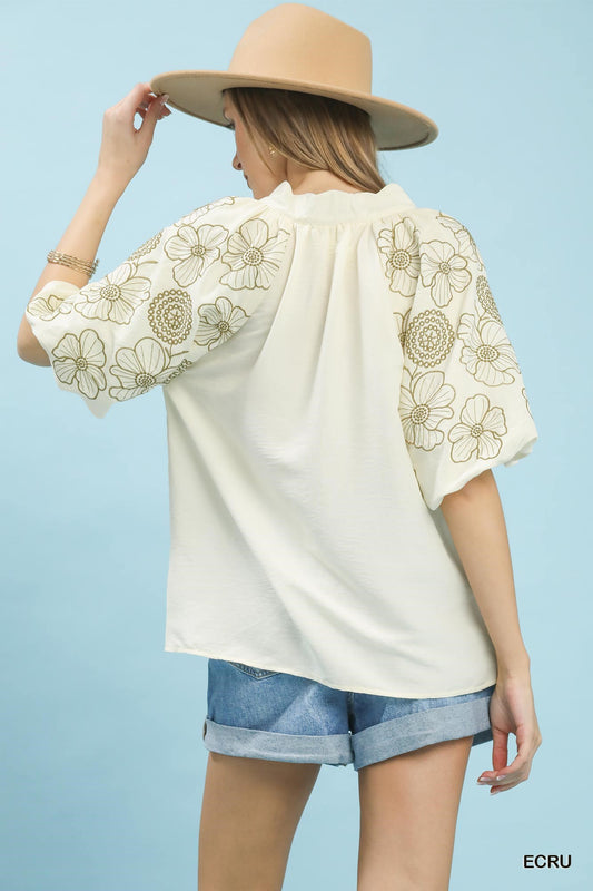 Embroidered Sleeve V-Neck Boho Blouse 7d8eaec7-43ac-46df-93b5-3caf3b6e982c-Max