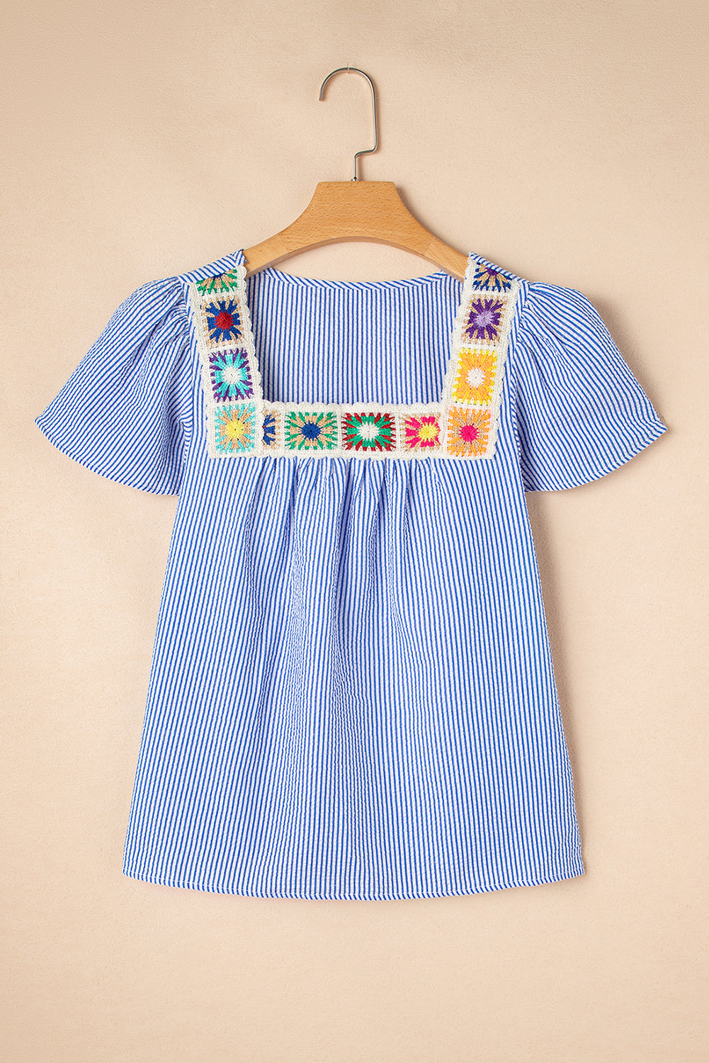 Sky Blue Striped Crochet Applique Boho Blouse 7d8ed27e844f0858