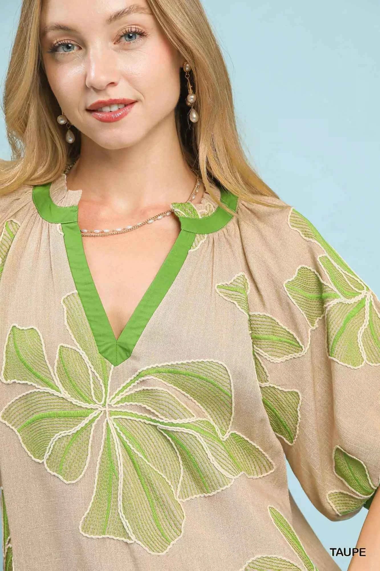Embroidered V-Neck Short Sleeve Top 7d90b361-d4f4-4df1-b93f-3d38a71c96ce-Max-Origin