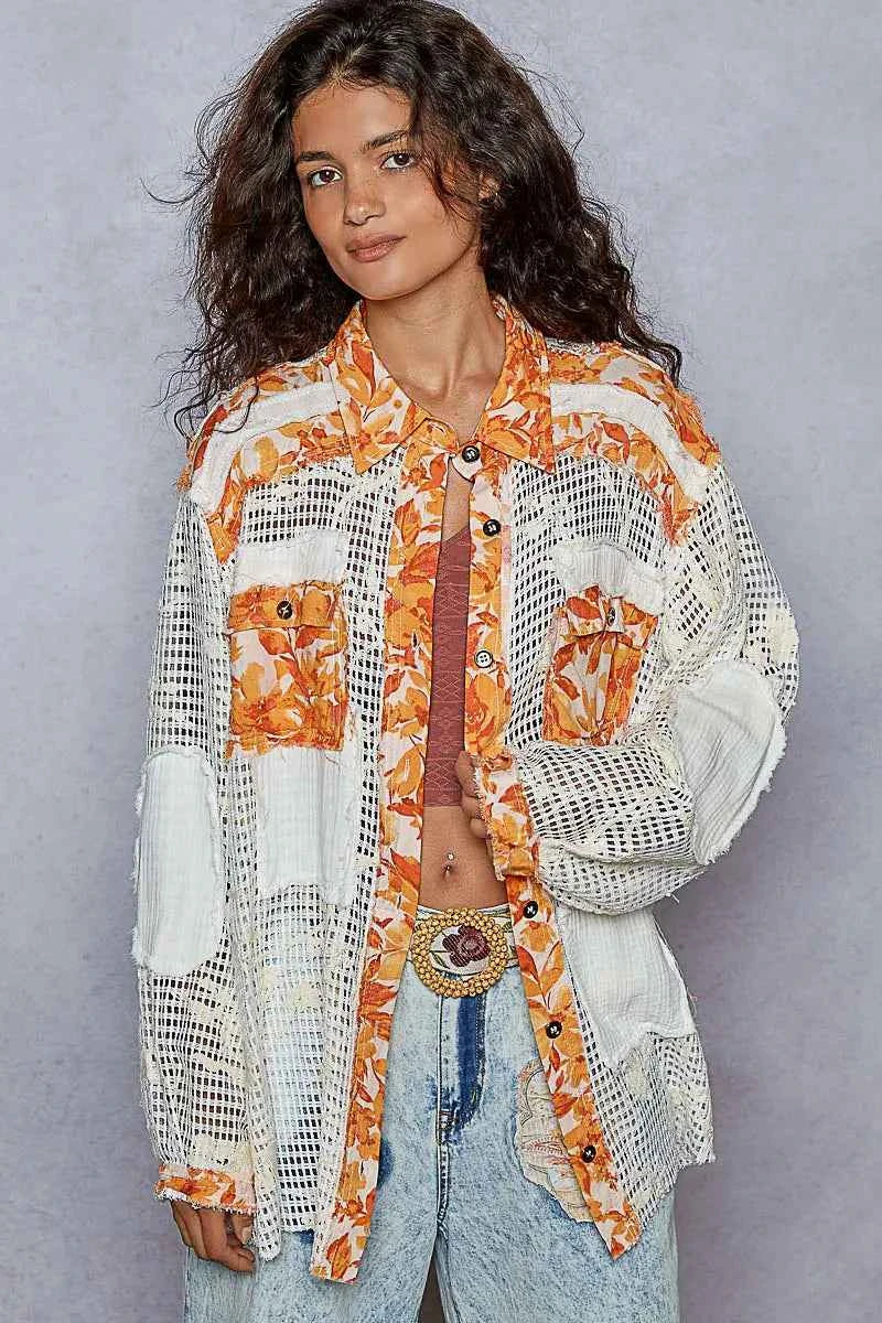 POL Floral Print Crochet Button Up Shirt Tangerine 7d92e081-5bde-4c75-a75f-6adb4c7ecff2-Max-Origin