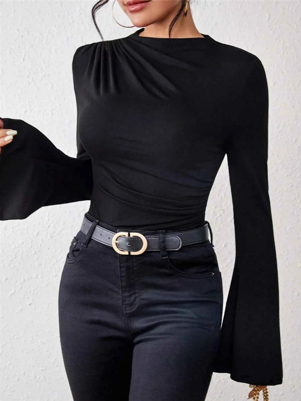 Bell Sleeve Ruched Fitted T-Shirt with Mock Neck 7d92f37f576741a68c91362a9c931bc5-Max-Origin