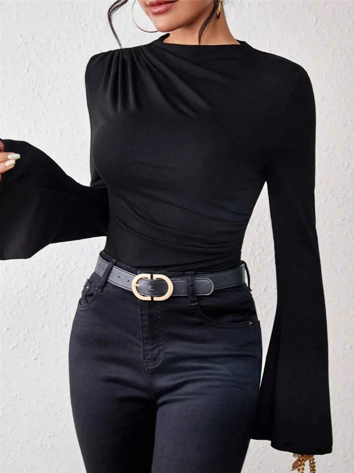 Bell Sleeve Ruched Fitted T-Shirt with Mock Neck 7d92f37f576741a68c91362a9c931bc5-Max-Origin