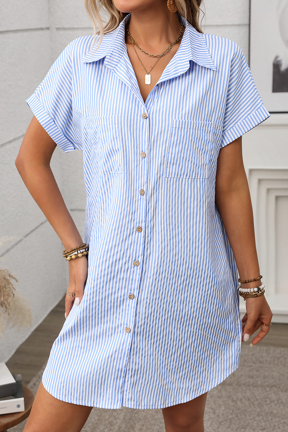 Black Stripe Button Up Pocket Collared Mini Dress 7d99868d596f58eb